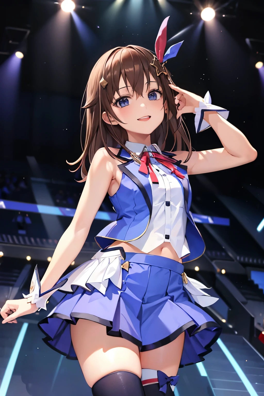 (8k, raw photo, masterpiece, extremely detailed, best quality, professional lighting, high res), BREAK beautiful and adorable girl, ts1, white shirt, blue vest, sleeveless, blue thighhighs, blue skirt, wrist cuffs, neck ribbon, grown up looks, 160cm height, 90cm bust, 59cm waist, 88cm hips, BREAK energetic, idol stage, smile