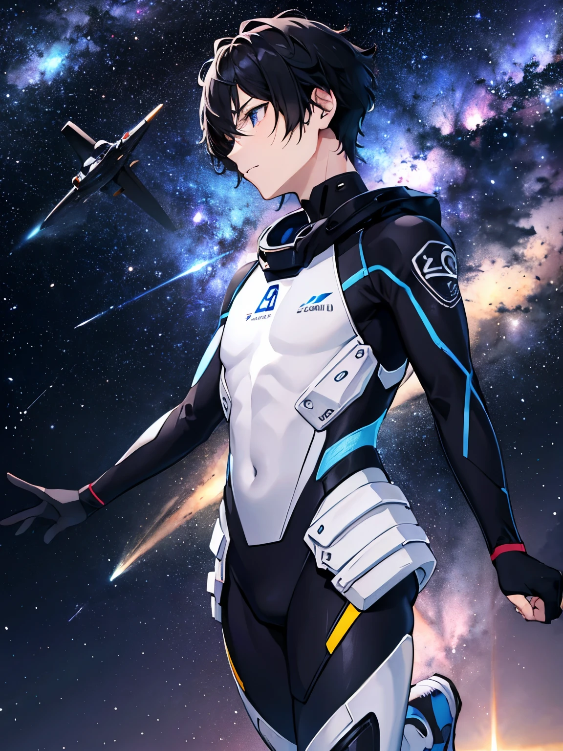 Handsome man 30 years old Short cut black hair The bangs are short too A tight rubber suit in transparent white with a touch of blue Very tight, white, see-through rubber suit Mega Bulge universe future transparent latex suit SF Sit in the cockpit universe whole body Panting