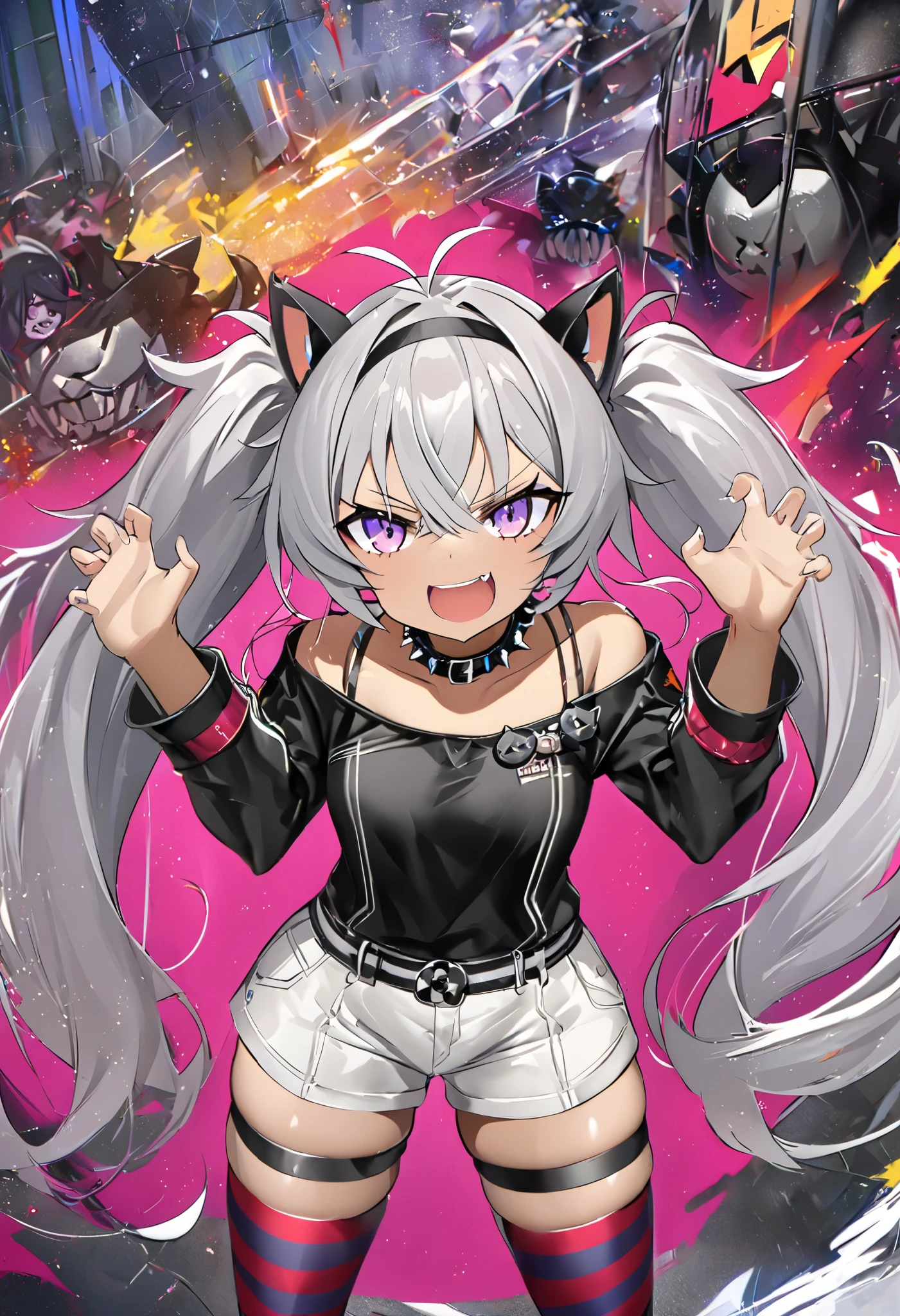 score_9, score_8_up, score_7_up, source_anime, claw pose, mm1, purple eyes, dark-skinned female, ahoge, grey hair, twintails, animal ears, hairband, black hairband, collar, spiked collar, shirt, jacket, long sleeves, off shoulder, white shorts, highleg panties, belt, thighhighs, striped, striped thighhighs, thigh strap, smug