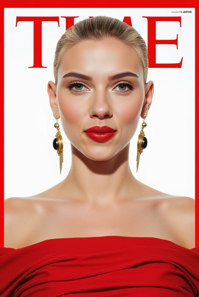 Magazine front cover " TIME" written in middle Red decoration letters at the upon the screen,  "The Most Influential  people  in the world" writing black letter under screen , Front view,  background White, 1 white blond girl , buzz cut hair , Chanel earing and neckless, serious , Jewish girl,  red sexy Chanel dress,  (super detail, high details, high quality, accurate, anatomically correct, textured skin, beautiful fingers super detail, high details, high quality, best quality)