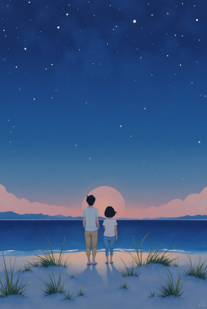  Oil and Acrylic on Canvas,Anime girl and boy watching the night sky on a sandy beach,Lofi Artstyle,   starry sky  ,  anime atmosphere ,   starry sky  !!, Lofi Art,  starry sky  ,   starry sky  の夜に,   Anime Background by Shitao ,  Beautifully illustrated  ,  Animation Art Wallpaper 4K , 