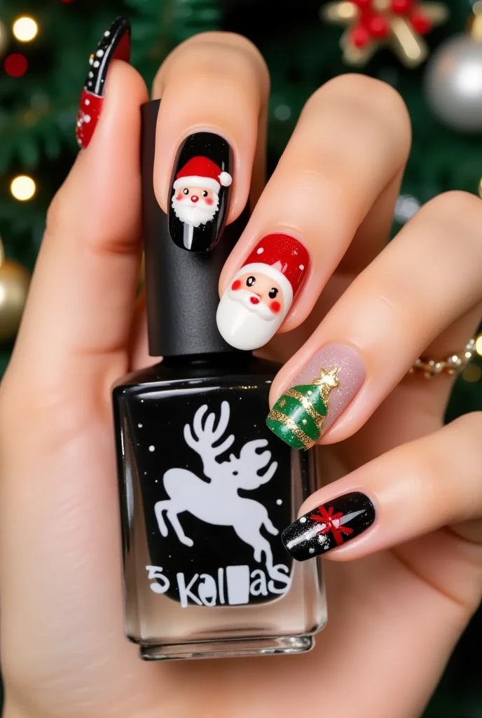 Close-up of a very good-looking hand holding a bottle of blue nail polish。(((nail design，Beautiful nails with Santa Claus head on them)))。