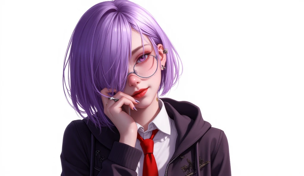 1girl, sexy,big_boobs,s,cleavage,smirk,solo, looking at viewer, short hair, simple background, white background, purple eyes, jacket, upper body, purple hair,  lips, necktie, glasses, hood,, hair over one eye, hoodie,  red necktie, hooded jacket, mash kyrielight