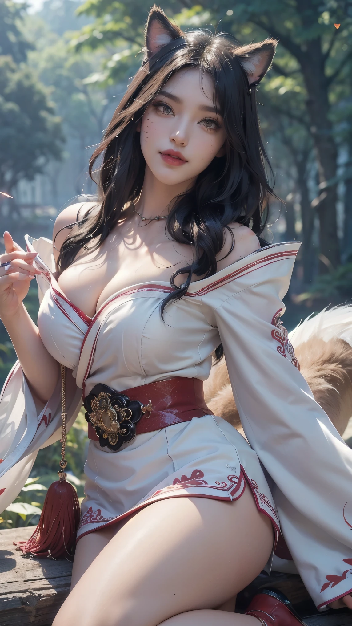 one nine-tailed fox girl wearing a kimono with her chest almost exposed, skin white,pale skin, white kimono, very long white hair, fox ears, nine fox tails, chest almost visible, very large chest, very big chest ,And big tits 