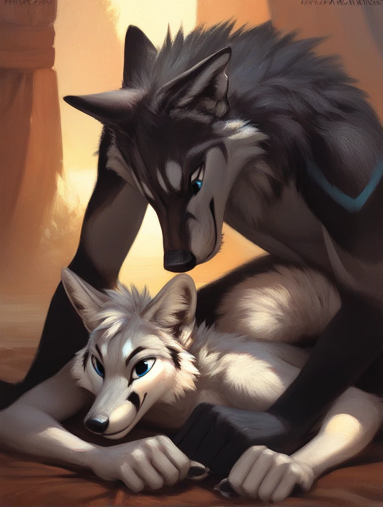 score_9, score_8_up, score_7_up, source_furry, rating_safe, by kenket, anthro, duo, male/male, wolf, black body, blue eyes, fox, white body, doggy style, on belly
