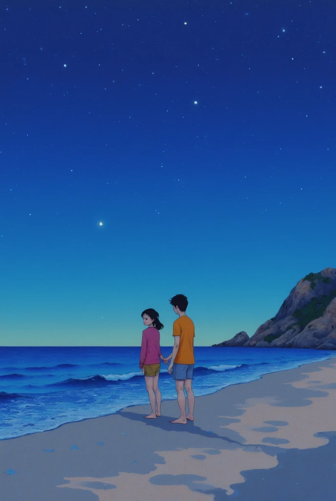  Oil and Acrylic on Canvas,Anime girl and boy watching the night sky on a sandy beach,Lofi Artstyle,   starry sky  ,  anime atmosphere ,   starry sky  !!, Lofi Art,  starry sky  ,   starry sky  の夜に,   Anime Background by Shitao ,  Beautifully illustrated  ,  Animation Art Wallpaper 4K , 