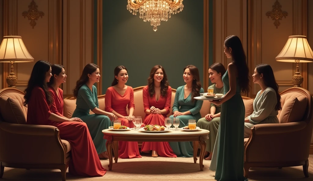 [Subject: Nature-Inspired High-Fashion Ensemble] A photorealistic image of a group of five women in a luxurious, nature-inspired living room, wearing high-fashion outfits that blend natural elements with sophisticated design. The women are united in a circle on a large, circular seating area, surrounded by a serene forest mural. Each woman wears a {tailored, floor-length gown in soft, earthy tones}, with intricate {leaf and floral embroidery that weaves through the fabric, creating a 3D effect}. The gowns feature {asymmetrical necklines with delicate draping, and subtle cutouts that reveal layers of sheer, moss-green underlays}. Their shoes are {delicate, lace-up sandals in soft tan leather, adorned with small, hand-crafted leaf details}.

The setting is a {round, cozy nook with a forest-themed mural that wraps around the walls, depicting tall trees, delicate branches, and small woodland animals}. Above, a {large, round skylight lets in natural light, which blends with soft, ambient lighting hidden behind the curved seating area, casting a gentle, warm glow}. The camera captures the scene from a {high-angle shot}, focusing on the unity and elegance of the group. Each woman is posed gracefully, their gowns flowing naturally over the seating area. The {background is detailed with soft, green tones and natural textures}, creating a serene, harmonious environment. The overall image is {warm, inviting, and sophisticated, with high-resolution, crisp details and dynamic lighting that enhances the luxurious feel of the scene}.
