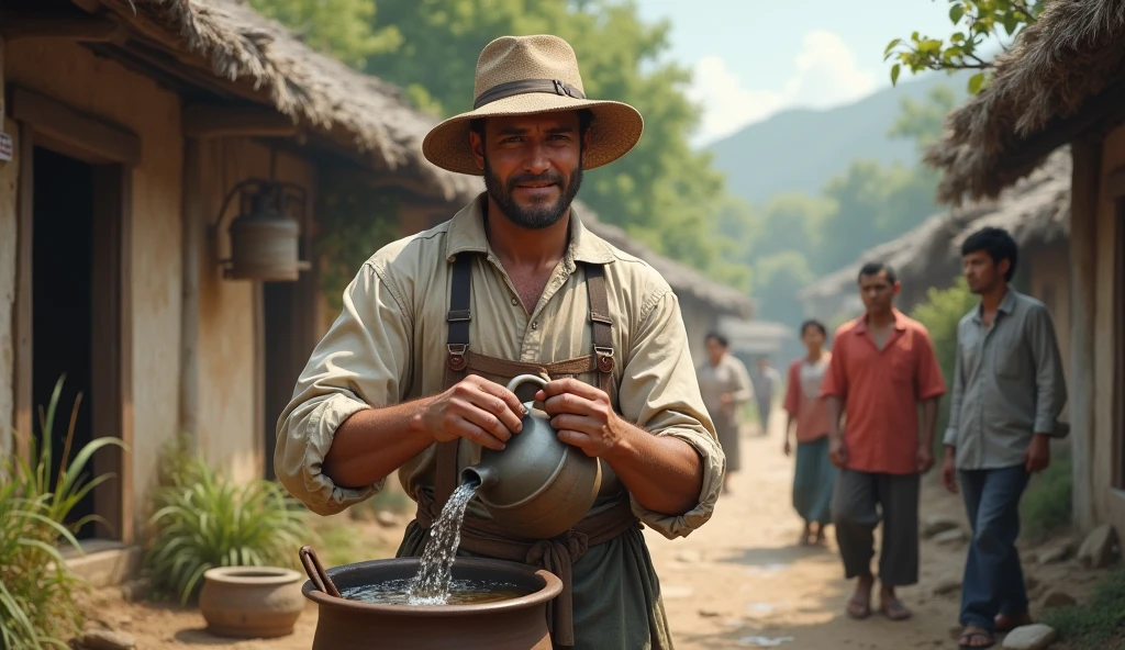 Marujo, older black skin straw hat goatee holding a crumpled aluminum mug in the background of a river with a canoe on the bank