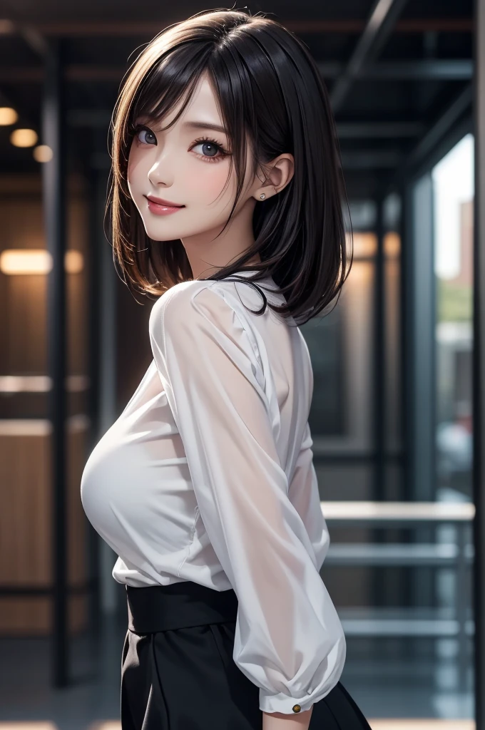 (masterpiece:1.2), high quality, high resolution, ultra detailed, 4K, 8K, beautiful, illustrative realism, dynamic lighting, A woman standing in a fashion model stance, from side, cowboy shot, looking at viewer, (detailed beautiful face), (detailed beautiful eyes:1.2), black eyes, narrow eyes, straight bob hair, black hair, detailed hair, asymmetrical bangs, smile, blush, (large breasts), shiny skin, (u-neck white blouse), see-through, medium skirt, high heels,