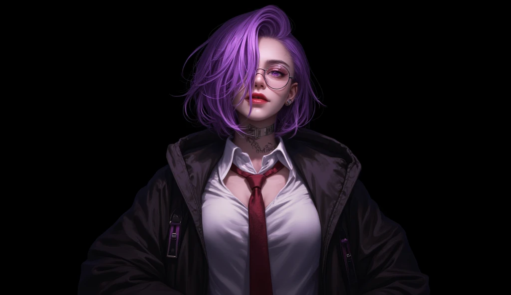 1girl, sexy,big_boobs,s,cleavage,smirk,solo, looking at viewer, short hair, simple background, black background, purple eyes, jacket, upper body, purple hair,  lips, necktie, glasses, hood,, hair over one eye, white shirt,cleavage, mash kyrielight