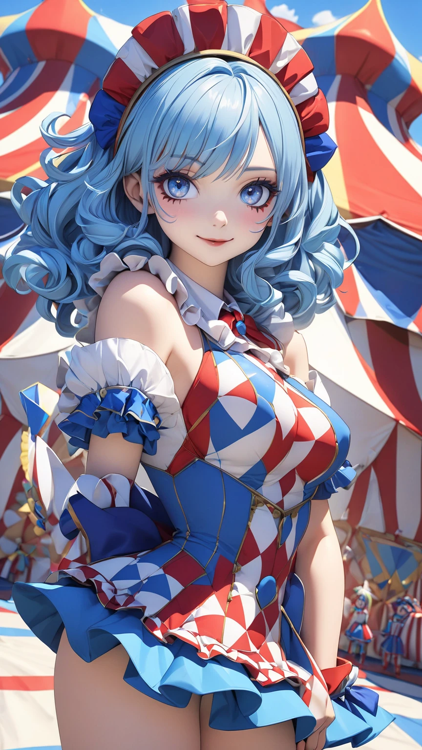 ((top quality, 8k, masterpiece: 1.3)), 1 woman, full body, smiling beautiful girl with many balloons, (blonde, twin tails) (big: 1.3, cleavage), cut abs, revealing, colorful clown outfit, ultra detailed face, (detailed eyes, double eyelids, color contacts, eye catch, catch light, long eyelashes), Sony α7, 85 mm, f / 1.4, ISO 100, focus on eyelashes, balloons are multicolored, balloon designs various, Ueno Park,