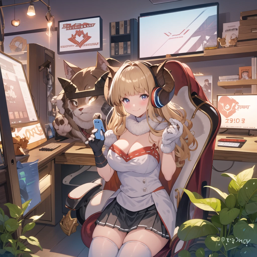 hires,high quality,best quality,1girl,female,game controller, headphones, smirk, long hair, (holding game controller:1.2),large breasts, monitor, posters, shelf, plant, figurine,gaming-room, gaming chair, sitting on chair, playing games,focused expression,game on screen,(((holding game controller))), looking at viewer,anila,white dress, skirt, gloves, thighhighs, cape