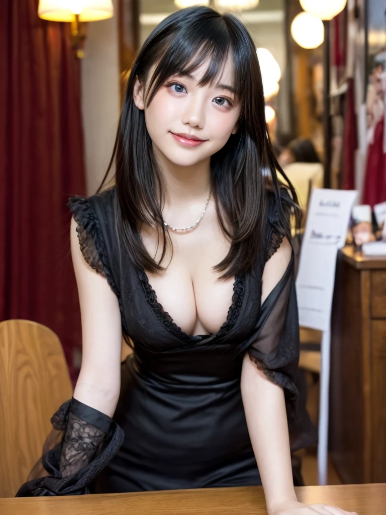 table top, highest quality, shape, Super detailed, finely, High resolution, 8k wallpaper,  perfect dynamic structural shape, finely and beautiful eyes, wearing a black dress,medium hair,Natural Color Lip, smile,Harajuku、teenage girl、cute、looking at the camera、C cup、brown hair、Blurred night new york background