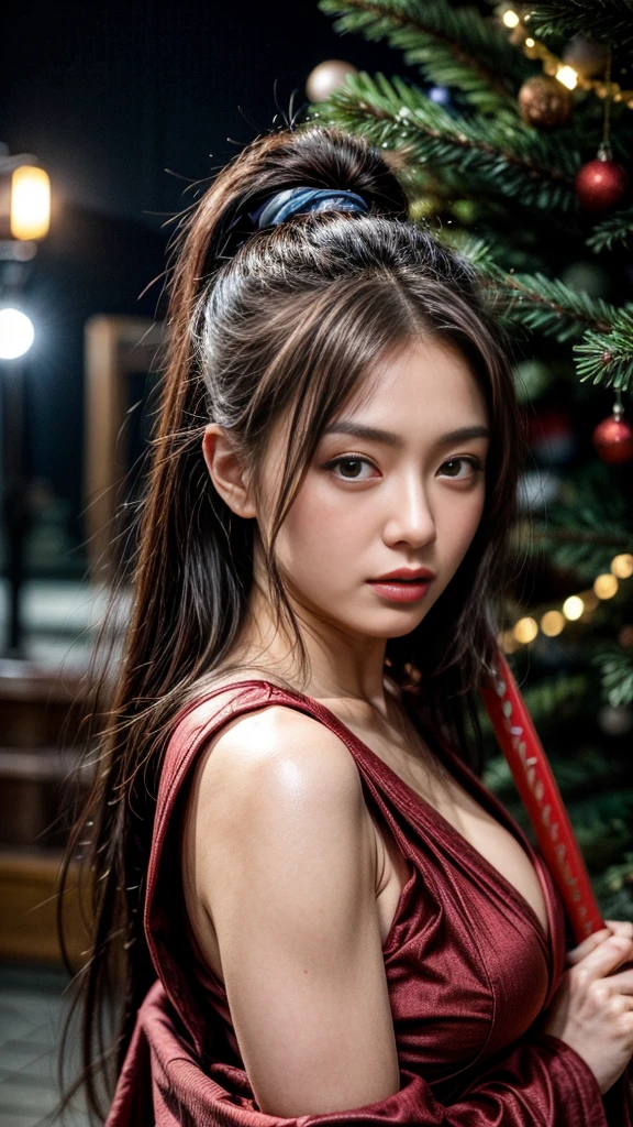  super high definition 、night、Mount Fuji、samurai、Ninja、Beauty、kimono、 Warring States periodの町、 in front of a big Christmas tree、 I can clearly see the feel of the skin、 Warring States period、 holding a Japanese sword、fight、 I can clearly see the feel of the skin