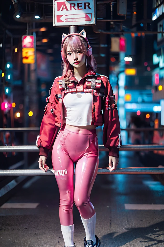 Printad Pink Clothing Women Gamer Cyberpunk ((beste-Qualit, 10, masterpiece: 1.3)), Focus: 1.2, perfect body beauty: 1.4, Buttocks: 1.2, ((Layered Haircut, flat chest: 1.2)), (It's raining, road: 1.3), Scarf set: 1.1, Highly detailed faces and textures, Good eye., 二重まぶた, Fair-skinned, long-haired, (Shut Up: 1.3), full entire body
