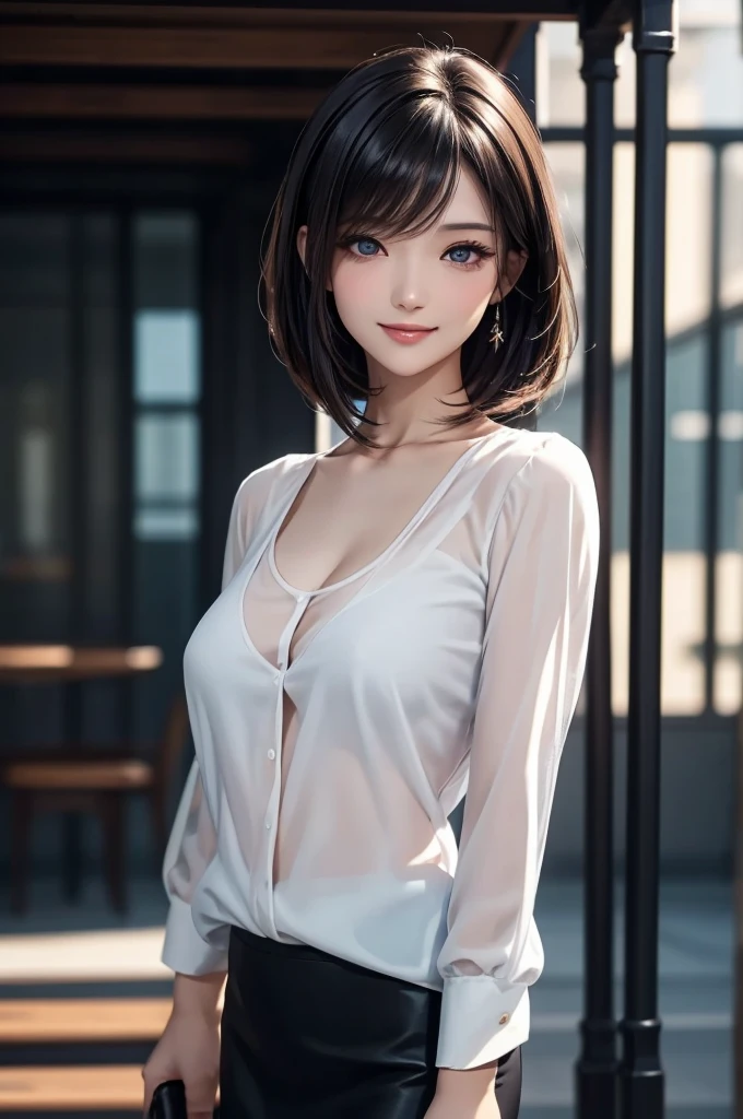 (masterpiece:1.2), high quality, high resolution, ultra detailed, 4K, 8K, beautiful, illustrative realism, dynamic lighting, A woman standing in a fashion model stance, from front, cowboy shot, looking at viewer, (detailed beautiful face), (detailed beautiful eyes:1.2), black eyes, narrow eyes, straight bob hair, black hair, detailed hair, asymmetrical bangs, smile, blush, (large breasts), shiny skin, (u-neck white blouse), see-through, medium skirt, high heels,