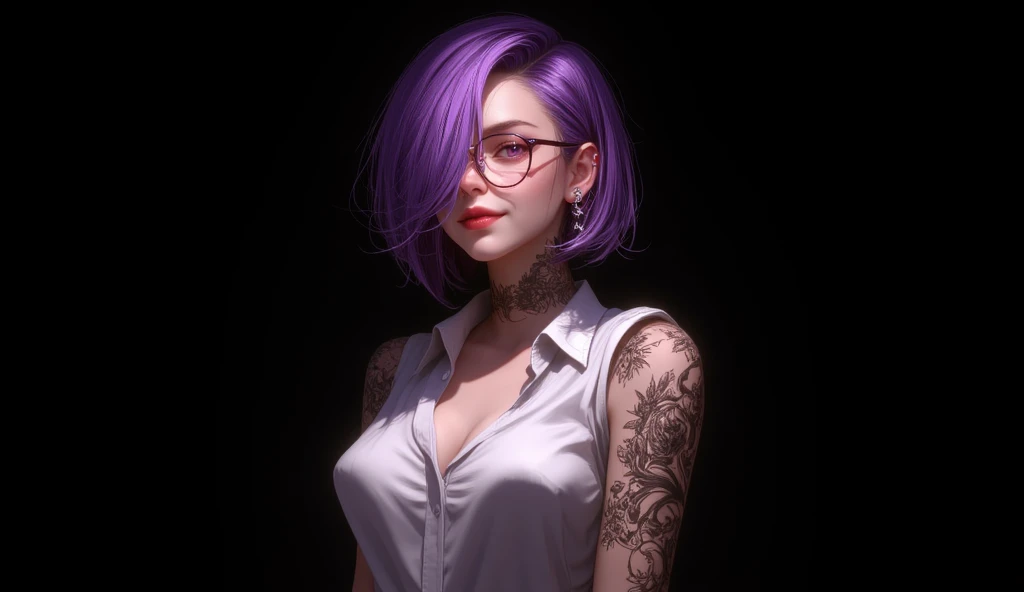 1girl, sexy,big_boobs,s,cleavage,smirk,solo, looking at viewer, short hair, simple background, black background, purple eyes,upper body, purple hair,  lips, sleeveless shirt,,armpits,glasses,hair over one eye, white shirt,cleavage, mash kyrielight