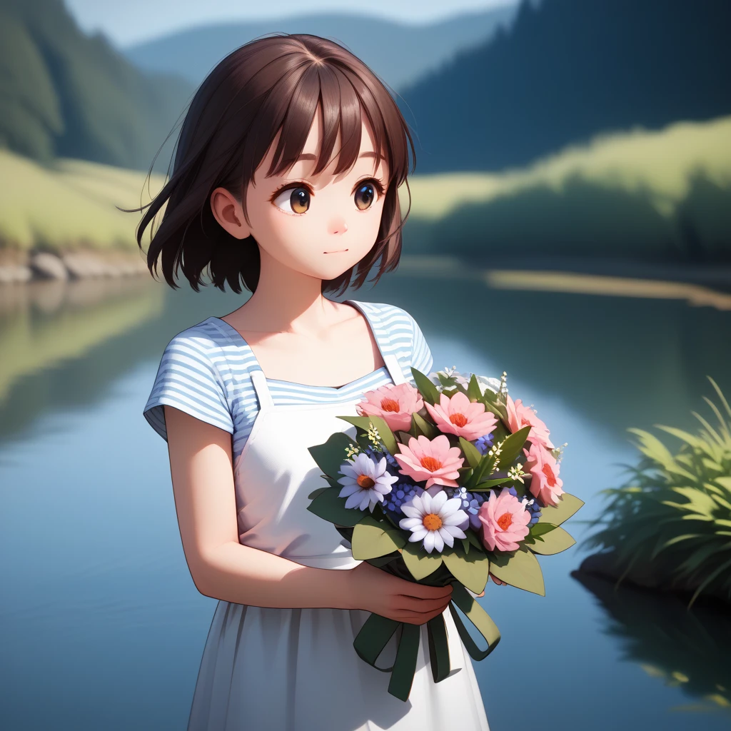 ((A girl standing at the edge of a serene lake, holding a bouquet of wildflowers. The close-up shot emphasizes her contemplative gaze, reflecting her connection to nature and the beauty around her)),2D CGI, dynamic angles, body language, gestures, color psychology, anime expressions, high-quality, perfect anatomy, 4K, SFW, shadows, foreshortening, scenery, modest attire, facial expressions, eye reflections, full color, quirky traits