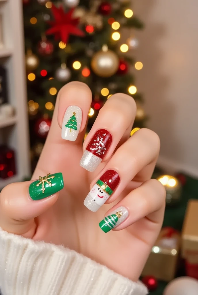 Close-up of a very good-looking hand holding a bottle of blue nail polish。(((nail design，Beautiful nails with Santa Claus head on them)))。