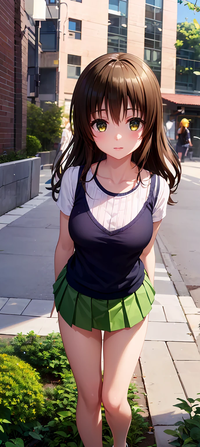 ((European pre-teen)), excited girl, bare breasts, tiny pleated skirt, no panties, black tights to the waist, vagina with small hair, close-up from thighs to face, shot from below, very light skin, very long hair, wavy hair, blonde hair, garden, sunrise, photorealistic, indirect lighting, volumetric light, ray tracing, hyper-detailed, best quality, ultra-high resolution, HDR, 8k