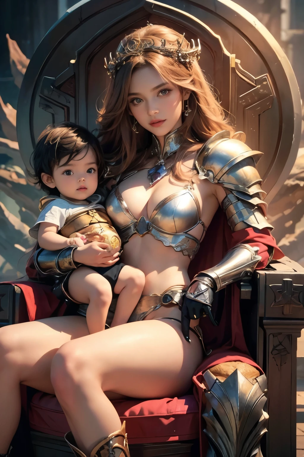 Best quality, realistic, image of beauty woman sit holding -old  looking camera, bikini armor, no panty, throne, dragon background