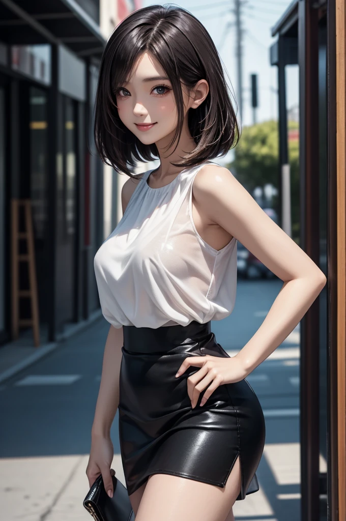 (masterpiece:1.2), high quality, high resolution, ultra detailed, 4K, 8K, beautiful, illustrative realism, dynamic lighting, A woman standing in a fashion model stance, from front, cowboy shot, looking at viewer, (detailed beautiful face), (detailed beautiful eyes:1.2), black eyes, narrow eyes, straight bob hair, black hair, detailed hair, asymmetrical bangs, smile, blush, (large breasts), shiny skin, (u-neck white blouse), sleeveless shirt, see-through, medium skirt, high heels,