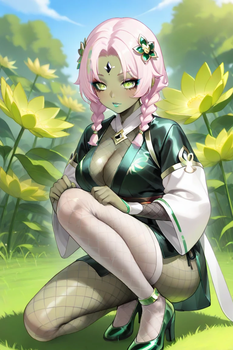 Anime, only (lady in fishnet bodysuit) 
with leather cloth, clothing, ninja clothing
(White stockings and ninja high heels )
(Nice elegant two-piece, kimono, clothing under the fishnet, bodysuit and white )
(And green design trim detail )
(In brown skin color )
(HairstyleBlack Hair, )(Twin Braids, )
(Age 16) (breast size cup 36 dd)
(Ninja Village, the headed grass village)
(Eye color, sky blue)
(Eyeliner, black eyeshadow, green glitter glossy lipstick light green )
(Blind lady ninja)
(Lotus flower design on the sleeves yellow)
(Cherry blossom design on the blouse and skirt pink)
(Green lotus flowers on the hair)