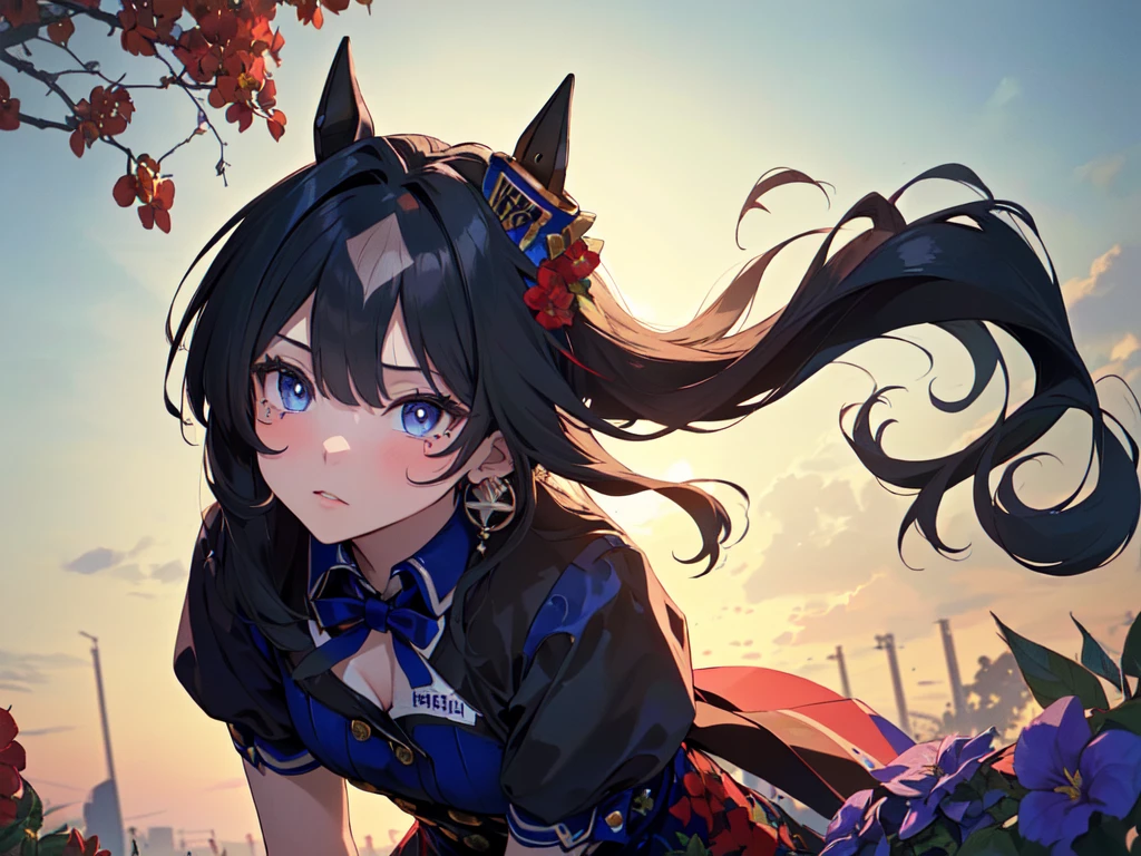 (solo:2), (girl, human ears:2), (leaning forward to accentuate upper body:2), (gentle gaze:2), (long black hair:2), (hair tied in a large blue ribbon:2), (lots of hair accessories:2), (teardrop-shaped earrings:2), (gorgeous blue high-necked collared dress, opera gloves:2), (surrounded by lots of red flowers:2), (sunset sky, sunset, evening sun, twilight, strong wind), (((high resolution, masterpiece, accurate, anatomically correct, multiple awards, top quality, detailed, high quality, extremely detailed, ultra high resolution))).