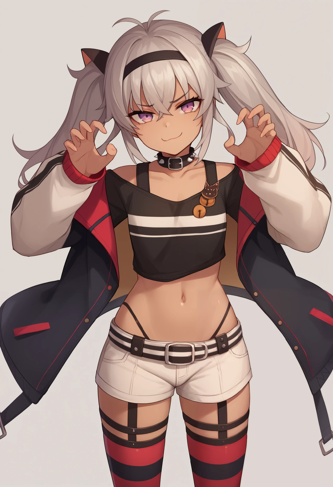 score_9, score_8_up, score_7_up, source_anime, claw pose, mm1, purple eyes, dark-skinned female, ahoge, grey hair, twintails, animal ears, hairband, black hairband, collar, spiked collar, shirt, jacket, long sleeves, off shoulder, white shorts, highleg panties, belt, thighhighs, striped, striped thighhighs, thigh strap, smug