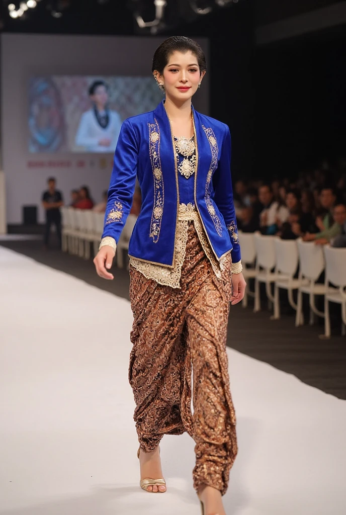 
a beautiful female model wearing a blue kebaya and brown batik sarong and wearing heels and walking on the kebaya fashion show stage