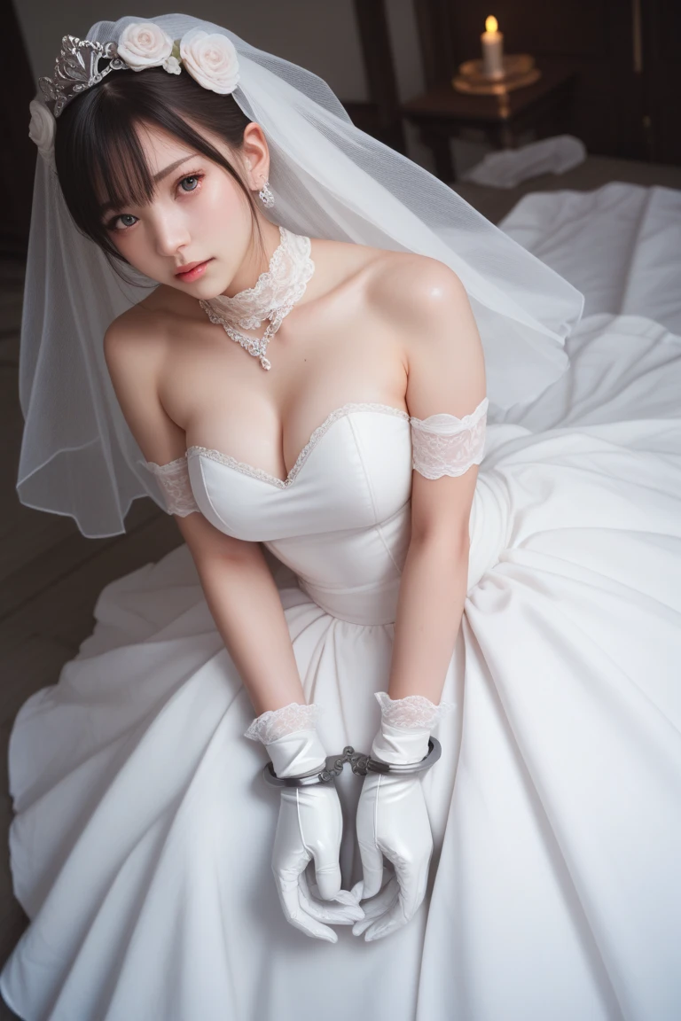 (Highly detailed CG unity 8k), (highest quality),(very detailed),(ultra high resolution), 1 female, white cloth gag, rope bondage, breasts rope bondage, hands back rope bondage, leg rope bondage, thigh rope bondage, bust rope bondage, feet rope bondage, Arms behind the waist, bound wrists, shackles the ankles, Legs together, Tie your ankles, Black Hair, , Gorgeous wedding dress in pure white, White wedding veil, Wedding Tiara, (white stockings:1.4), White garter belt, teary eyes, church, altar,