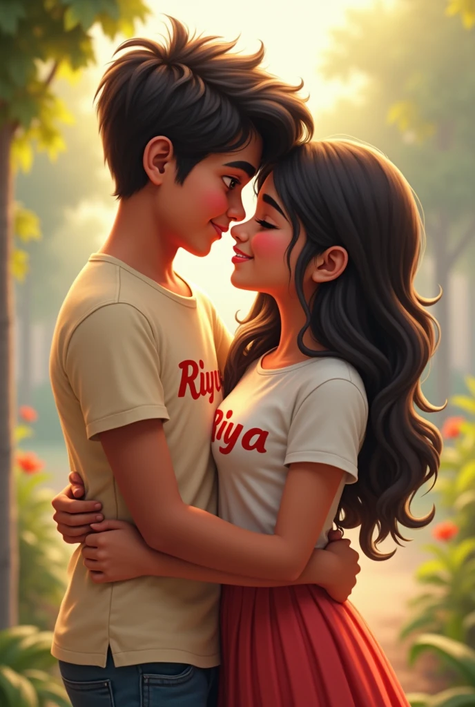 There are two friends, a man and a woman, the fat woman's t-shirt has sejal written on it and the thin man's t-shirt has Shivam written on it kiss