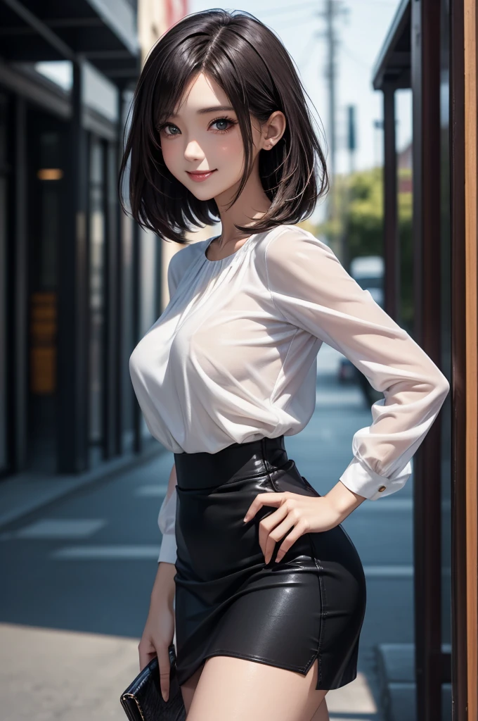 (masterpiece:1.2), high quality, high resolution, ultra detailed, 4K, 8K, beautiful, illustrative realism, dynamic lighting, A woman standing in a fashion model stance, from behide, cowboy shot, looking at viewer, (detailed beautiful face), (detailed beautiful eyes:1.2), black eyes, narrow eyes, straight bob hair, black hair, detailed hair, asymmetrical bangs, smile, blush, (large breasts), shiny skin, (u-neck white blouse), see-through, medium skirt, high heels,