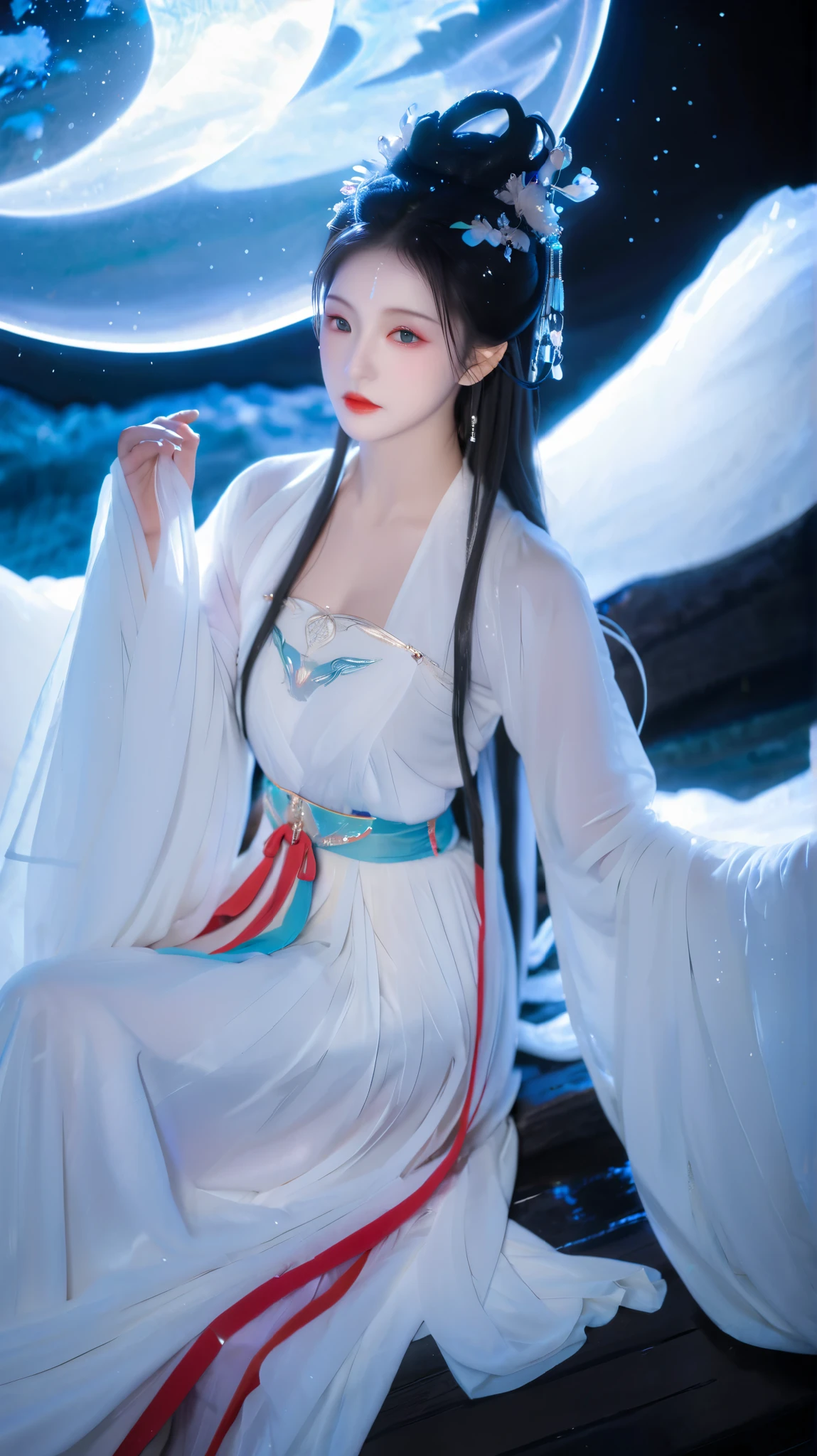 Stunning young and amazing characters，shaxi， white Hanfu，xianxia fantasy，Beautiful dolphins，Unreal fantasy，Elegant and charming cosplay， a girl，)，Bend your legs，((Top view))， feminine and brightly colored，This is a turbulent ，Hands relax naturally，Night scene，Lots of neon lights