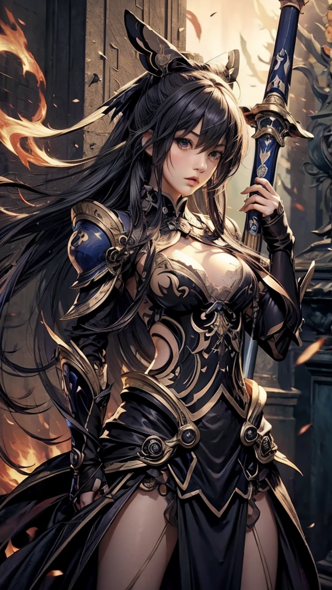 8K resolution、splash art、awesome cartoon style、realistic and intense appearance、brave female knight, Anatomical photorealistic digital painting, (adult women:1.3)Human portrait, red and gold complex(heavily armored:1.3)with(a dark and moody world:1.3)、particles of light、highly detailed skin、warrior、highly detailed eyes、 (elden ring style:1.1)、(warhammer style:1.3)、concept artist、global illumination、Depth of the bounds written、splash art、art by:art germ、Written by Greg Rutkowski、Victoria Gavrilenko,Big Sword Details