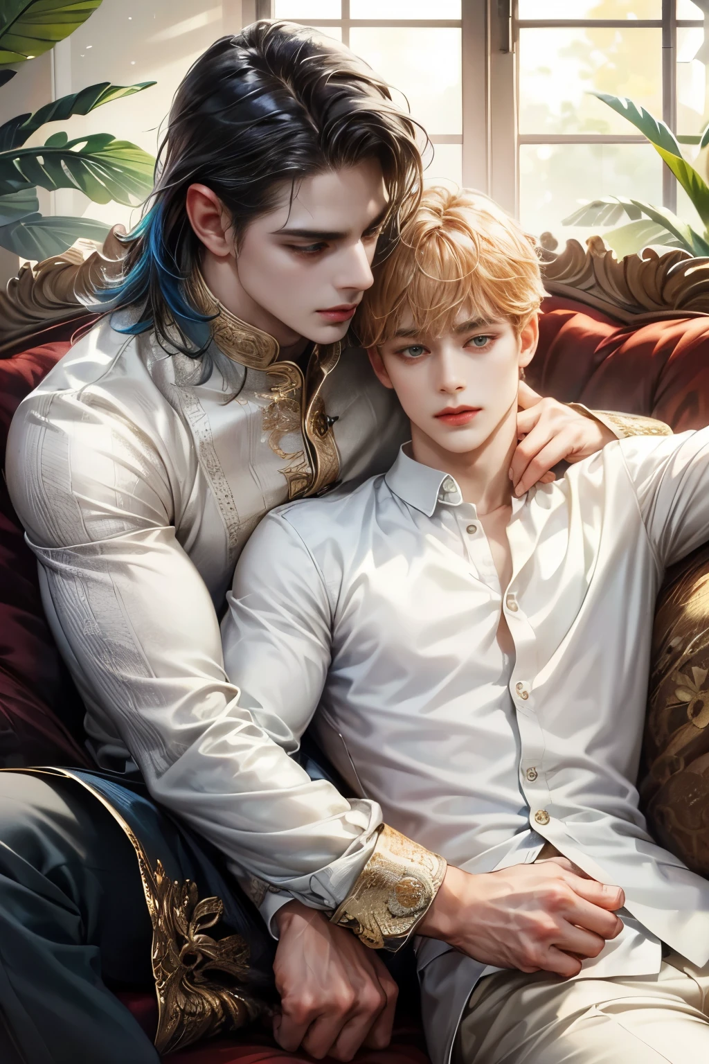 (evil albino lathy androgynous male, Peacock King, thin neck, frail shoulders, weak arms, flat chest, soft belly, curvy hips, male crotch, massive buttocks, depraved homosexual, cradle robber, queer, his victim catches and strangles him)