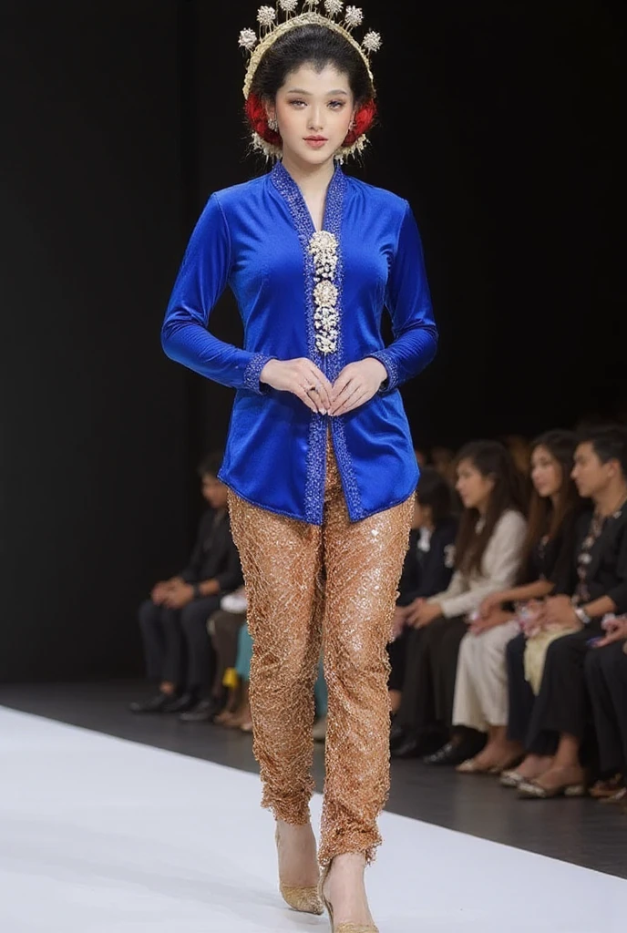 
a beautiful female model wearing a blue kebaya and long closed brown batik sarong and wearing heels and walking on the kebaya fashion show stage , her expression is serious , catwalk, great quality picture, Full HD 