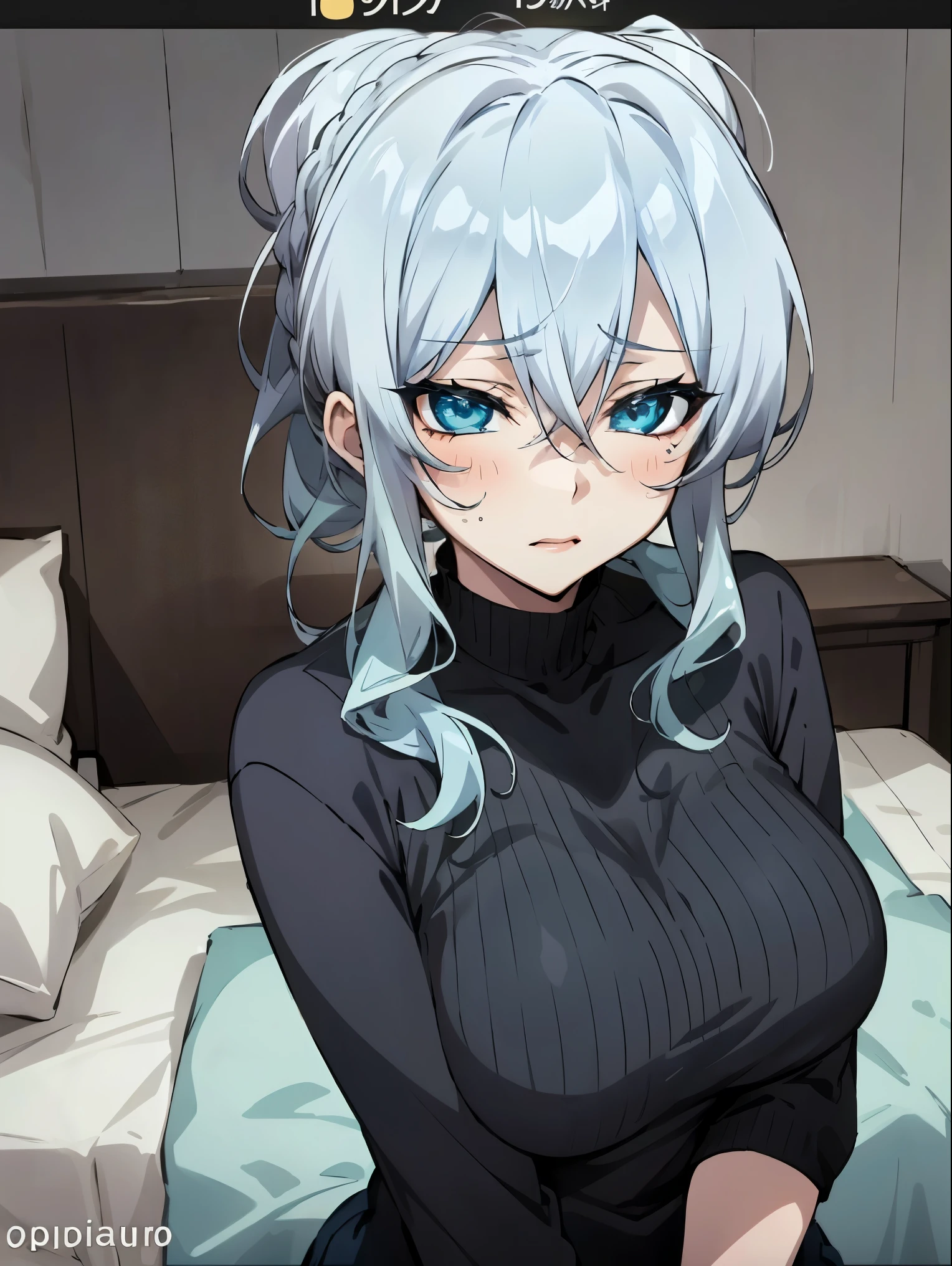Best quality, 8k, in bed, silver hair, black shirt and no bra, anime visual of a cute girl, cute expressive face, still from anime, hard breast, lustful face
