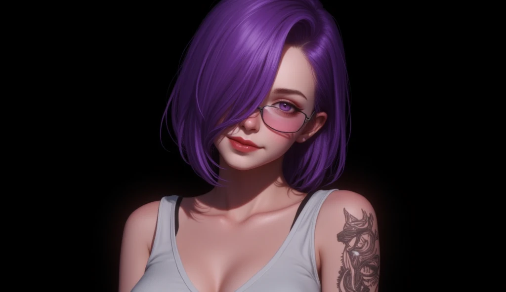 1girl, sexy,big_boobs,s,cleavage,smirk,solo, looking at viewer, short hair, simple background, black background, purple eyes,upper body, purple hair,  lips, sleeveless shirt,,armpits,glasses,hair over one eye, white shirt,cleavage, mash kyrielight