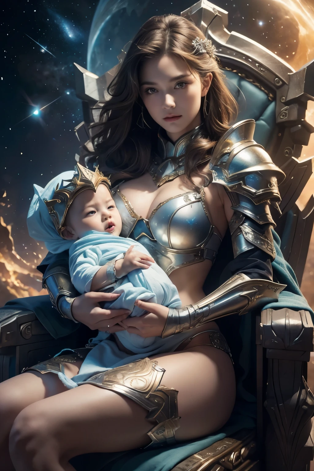 Best quality, realistic, image of beauty woman sit holding year-old babyboy, looking camera, bikini armor, no panty, sky throne, galaxy background