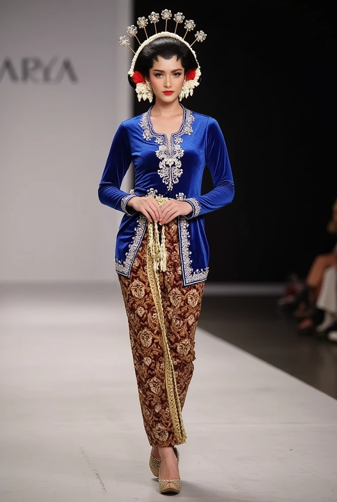 
a beautiful female model wearing a blue kebaya and brown batik sarong and wearing heels and walking on the kebaya fashion show stage