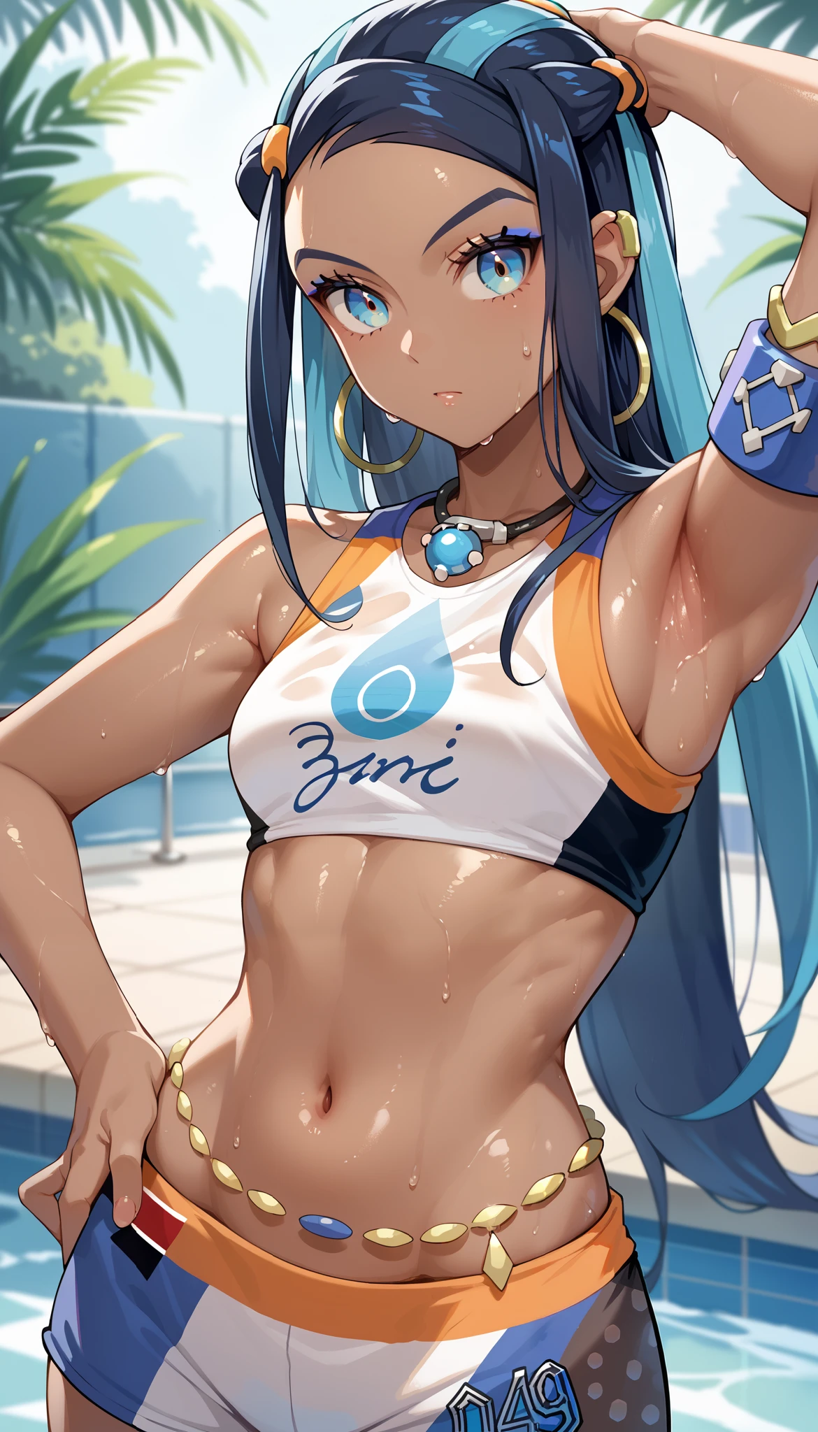 masterpiece, best quality, ultra-detailed, shiny skin, sweating, 1girl, solo, outdoors, swimming pool in the background, upper body shot, upper body focus, upper body only, (close-up), sweat, nessa, black hair, blue hair, long hair, single hair bun, multicolored hair, blue eyes, blue hair, dark skin, armlet, belly chain, bikini, crop top, shorts, single glove, hoop earrings, necklace, midriff, navel, hand on hips, arm brhind head, armpits