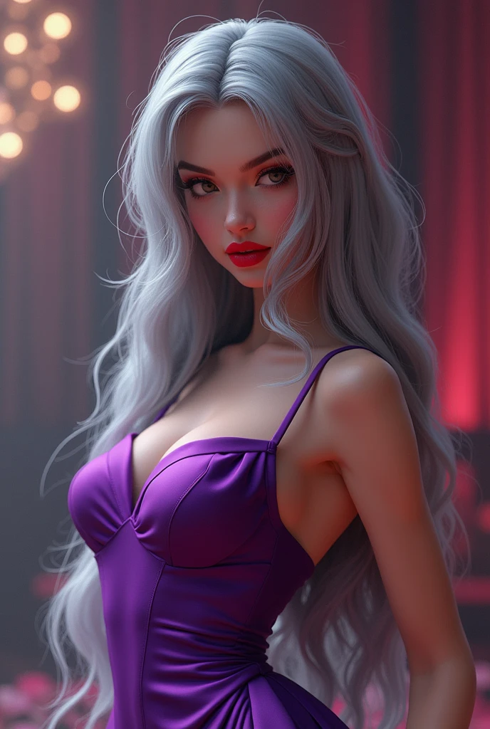 Create a virtual youtuber image, with long gray hair, braided, purple eyes, in a black dress with a low neckline and gold details, centered, symmetry, colored, difficult, Volumetric lighting, Beautiful, A masterpiece with rich, deep colours, Sharp Focus, Ultra detailed, in the style of Dan Mumford and Mark Simonetti, astrophotgraphy