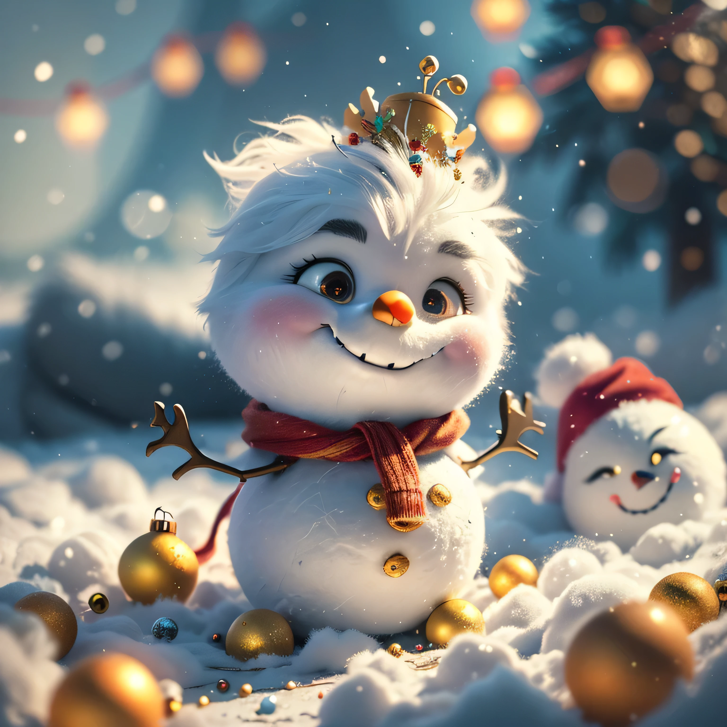 A beautiful, adorable snowman Olaf made entirely of soft light-blue clouds, peacefully nestled in a bed of fluffy clouds. The snowman Olaf has a gentle, serene expression as it sleeps, with its soft, dream-like appearance. The surrounding clouds are colored in pastel shades of lilac and silver, creating a warm and dreamy atmosphere. The entire scene is bathed in a soft, ethereal light, enhancing the magical and fantastical quality of the image. The snowman Olaf should appear as a seamless part of the cloudscape, blending perfectly with the surrounding clouds, but still maintaining distinct, realistic features that highlight its cuteness and charm. Hyperrealistic, splash art, concept art, mid shot, intricately detailed, color depth, vivid colors, dramatic, 2/3 face angle, side light, colorful background. Xmas lights in background and Xmas tree. Christmas theme, blurred background, fantasy, Gouves style artwork, realism: 1.37, (super fine fantasy art), masterpiece, high quality design and accurate physics (super accurate fantasy style)) art, dark fantasy style)), super accurate design and accurate physics), color, depth of field, shadows, ray tracing, (accurate simulation of the interaction of light and materials)], intricate Christmas decorations, glowing garlands, sparkling decoration, natural light, soft background, photorealistic, sparkling eyes, sharp focus, glowing skin, cute and mischievous look, hint of mischief, dreamy atmosphere, Super glossy effect, delicate details, soft ambient light, (Backlight:1.3), (Cinematic:1.2), intricate details, (ArtStation:1.3)