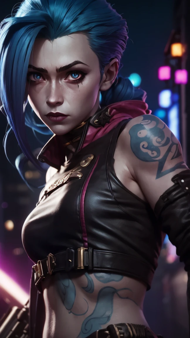 a beautiful detailed girl in the style of Jinx from Arcane, incredibly detailed portrait, hyper realistic, dynamic pose, beautiful detailed eyes, beautiful detailed lips, extremely detailed skin and face, long eyelashes, messy blue hair, colorful cyberpunk outfit, leather jacket, ripped stockings, tattoos, holding a rocket launcher, confident fierce expression, neon city background, moody lighting, vibrant colors, highly detailed, cinematic composition, photorealistic