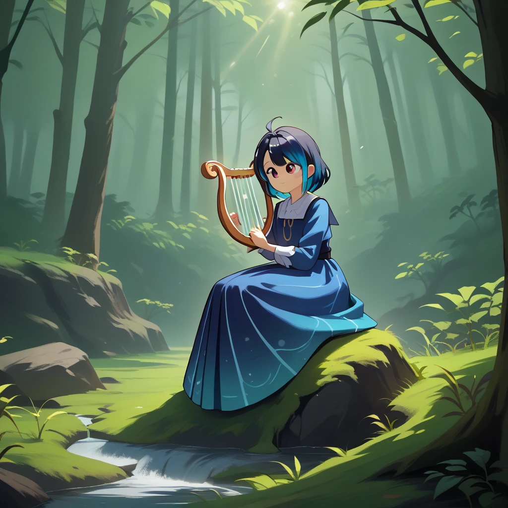 ((A serene forest nymph perched on a moss-covered rock, gently playing a harp as sunlight filters through the trees, illustrated in a medium shot that highlights her ethereal features and the vibrant greenery around her)),Value, 2D CGI, dynamic angles, body language, gestures, color psychology, anime expressions, high-quality, perfect anatomy, 4K, SFW, overlap, shadows, dimensionality, foreshortening, scenery, modest attire, facial expression, eye reflections, varied dimensions, full color, essence, quirky traits