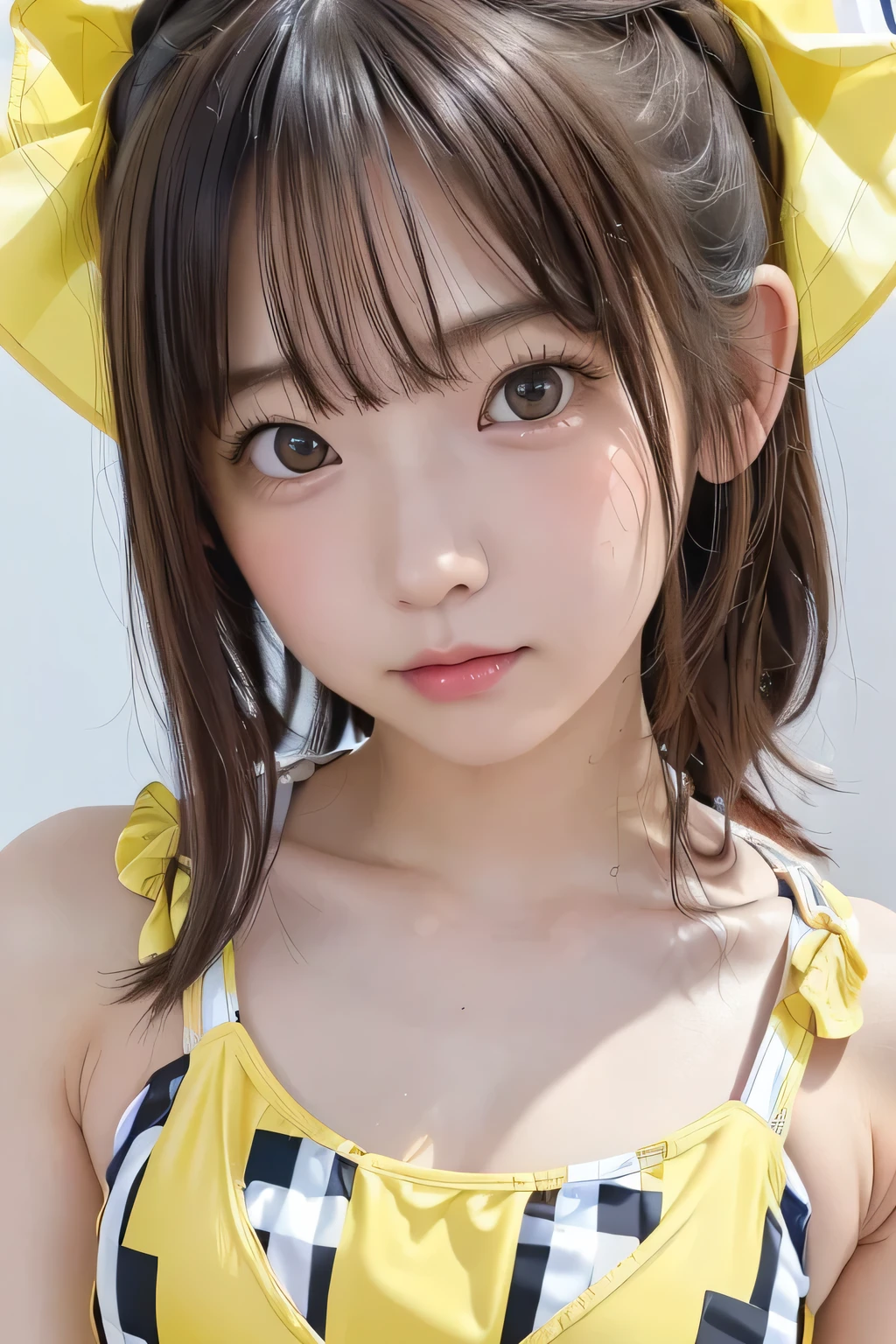  RAW photos 、 Photorealistic、masterpiece、 top quality、 depicted in detail、 super high resolution 、 girl、solo、Crazy Long Hair、(face focus close-up:1.3)、Baby Face、、(yellow gingham check swimsuit:1.4)、(kawaii punk:1.3)、Enormous Breasts、Have hair