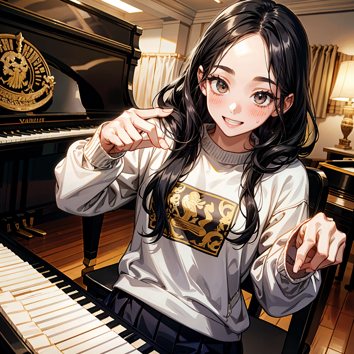 a girl , 25 years old, , pale_pastel_pink_sweater and white_miniskirt, slender, smile ,happy, dark_brown_long_hair, thin out hair, siting on the chair.playing the piano. white room