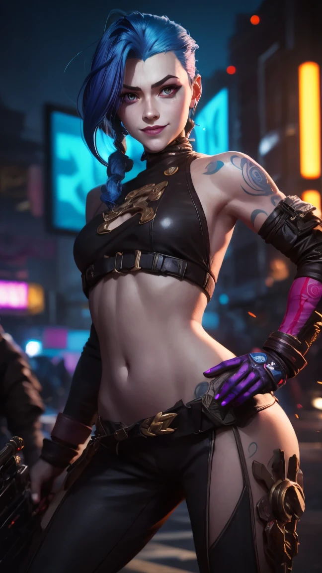 a smiling jinx from arcane, jinx character design, vibrant colors,dynamic pose,sci-fi cyberpunk style,beautiful detailed eyes,beautiful detailed lips,extremely detailed face and body,highly detailed tattoos,neon lights,colorful explosions,complex background,intricate mechanical elements,shiny metallic textures,dynamic action pose,best quality,4k,8k,highres,masterpiece:1.2,ultra-detailed,realistic,photorealistic,photo-realistic:1.37,HDR,UHD,studio lighting,ultra-fine painting,sharp focus,physically-based rendering,extreme detail description,professional,vivid colors,bokeh