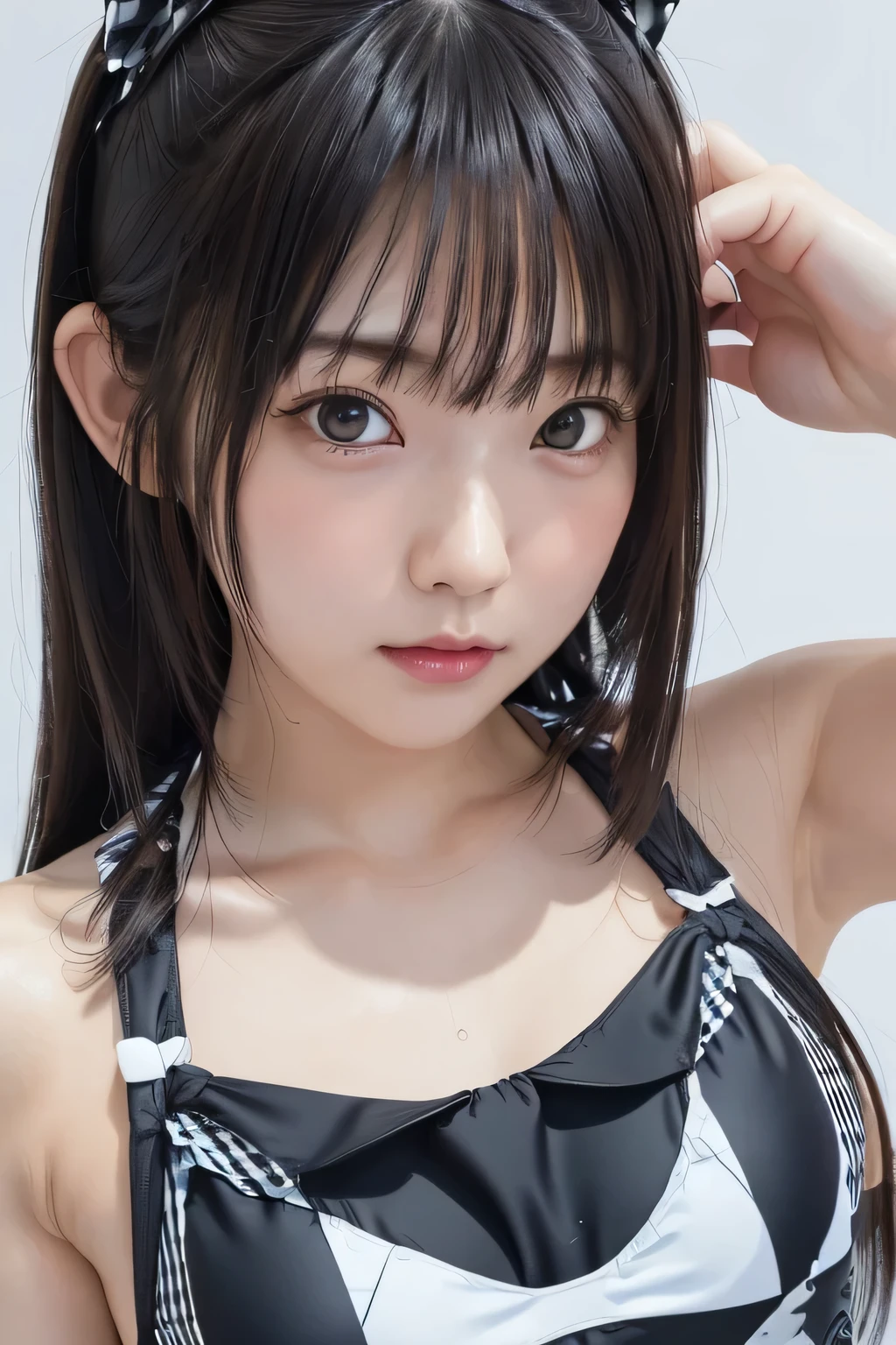  RAW photos 、 Photorealistic、masterpiece、 top quality、 depicted in detail、 super high resolution 、 girl、solo、Crazy Long Hair、(face focus close-up:1.3)、Baby Face、、(Black gingham check swimsuit:1.4)、(kawaii punk:1.3)、Enormous Breasts、Have hair